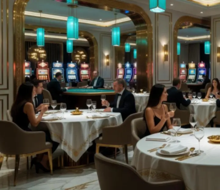 Večernja atmosfera u Adrian Casino restoranu s osvijetljenim stolovima i gostima